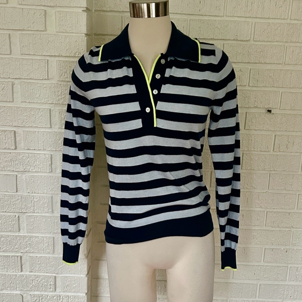 WISPER by Brodie- navy/light blue striped polo with neon green trim